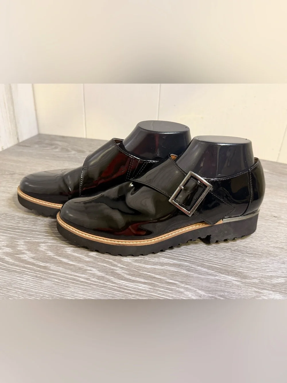 Franco Sarto Black Patent Leather Monk Strap Lug Sole Shoes Size 8.5M